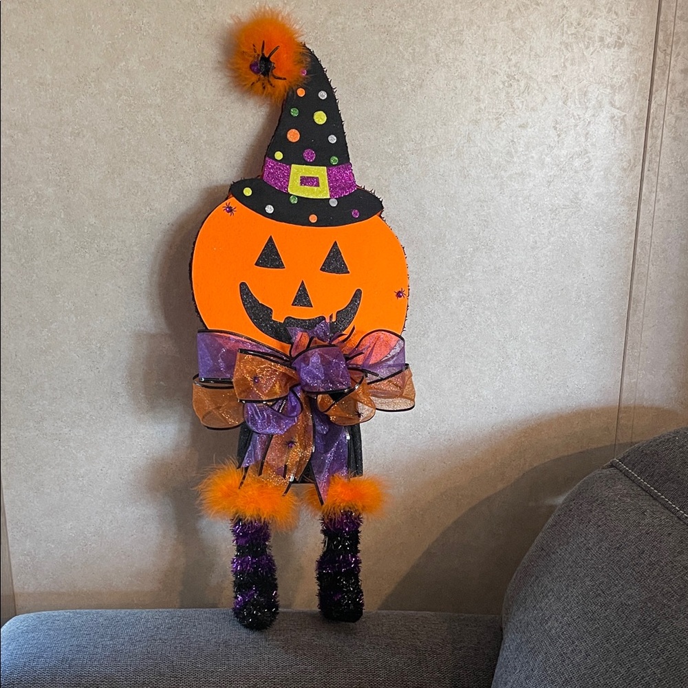 Festive Halloween Pumpkin Decor with Witch Hat - Orange and Purple